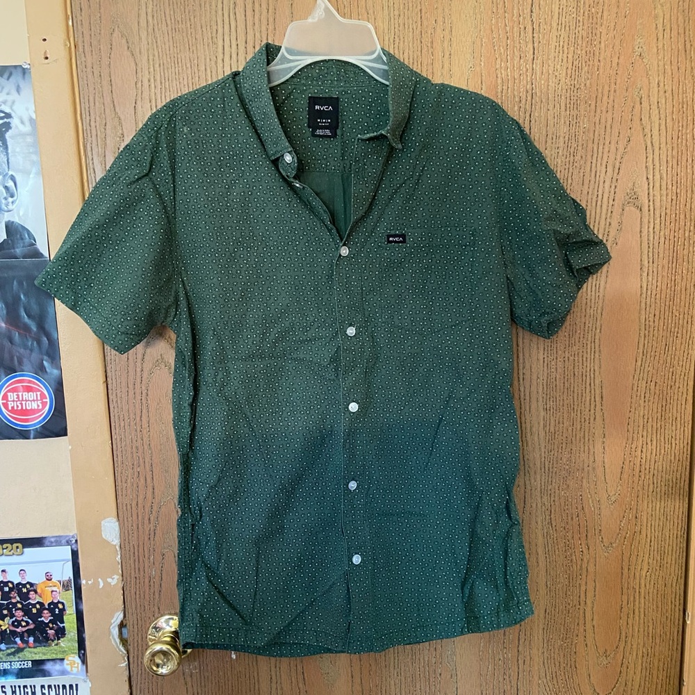 RVCA green and white polk-a-dot button up
